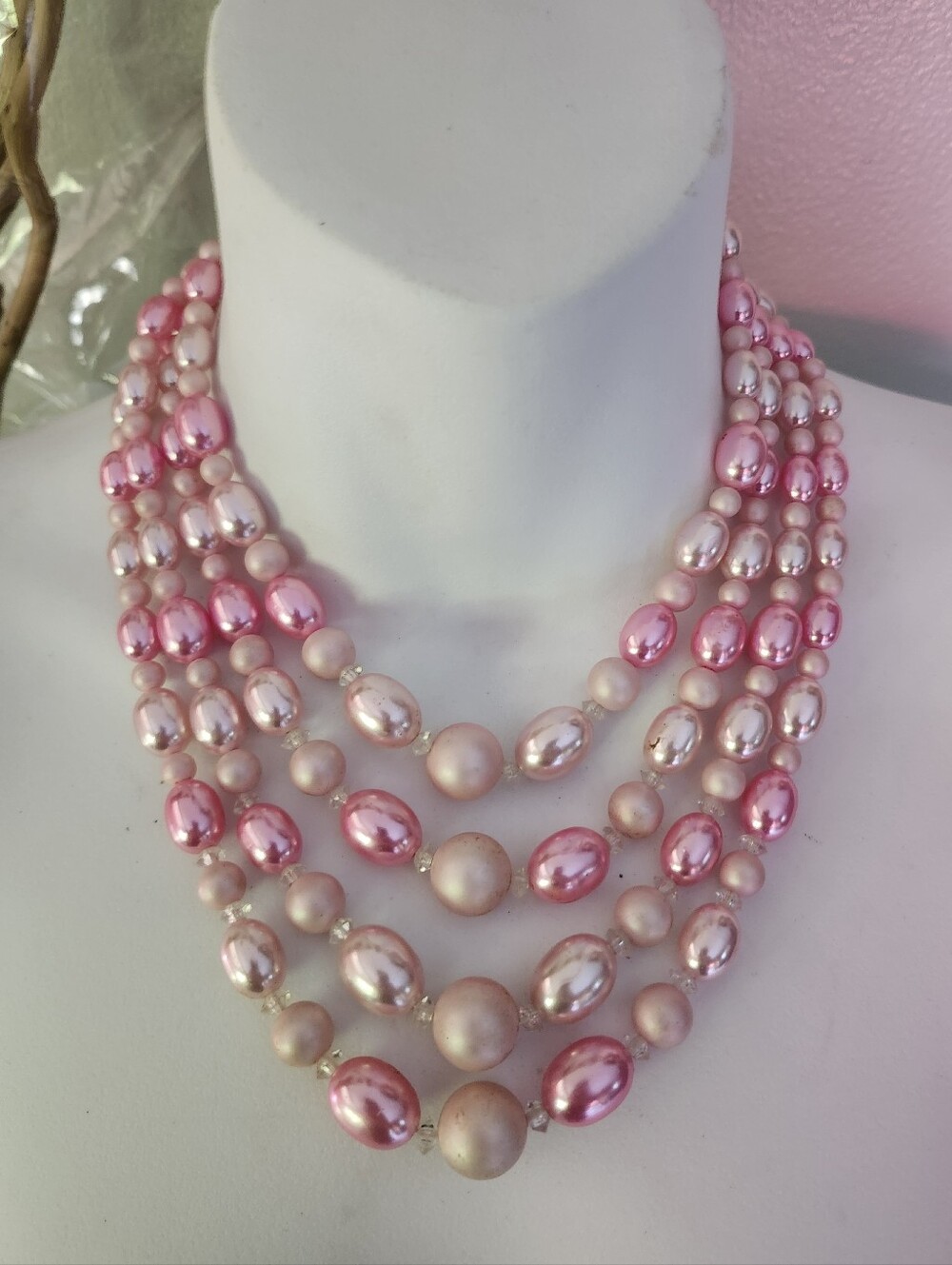 Vtg Japan Three-Strand Faux Graduated Pink Baroque Pearl Necklace